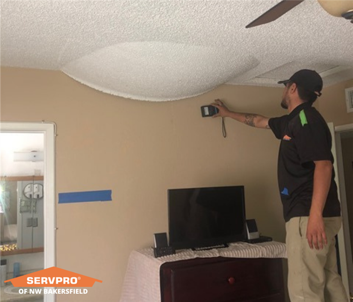 SERVPRO employee taking moisture reading on walls of a home